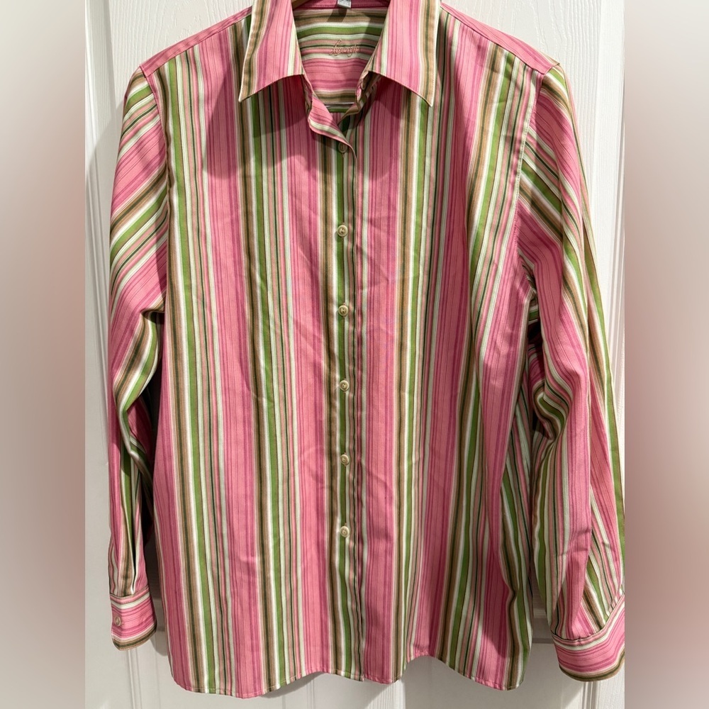 Foxcroft Pink and Green Striped Non Iron Wrinkle Free Button Down Shirt